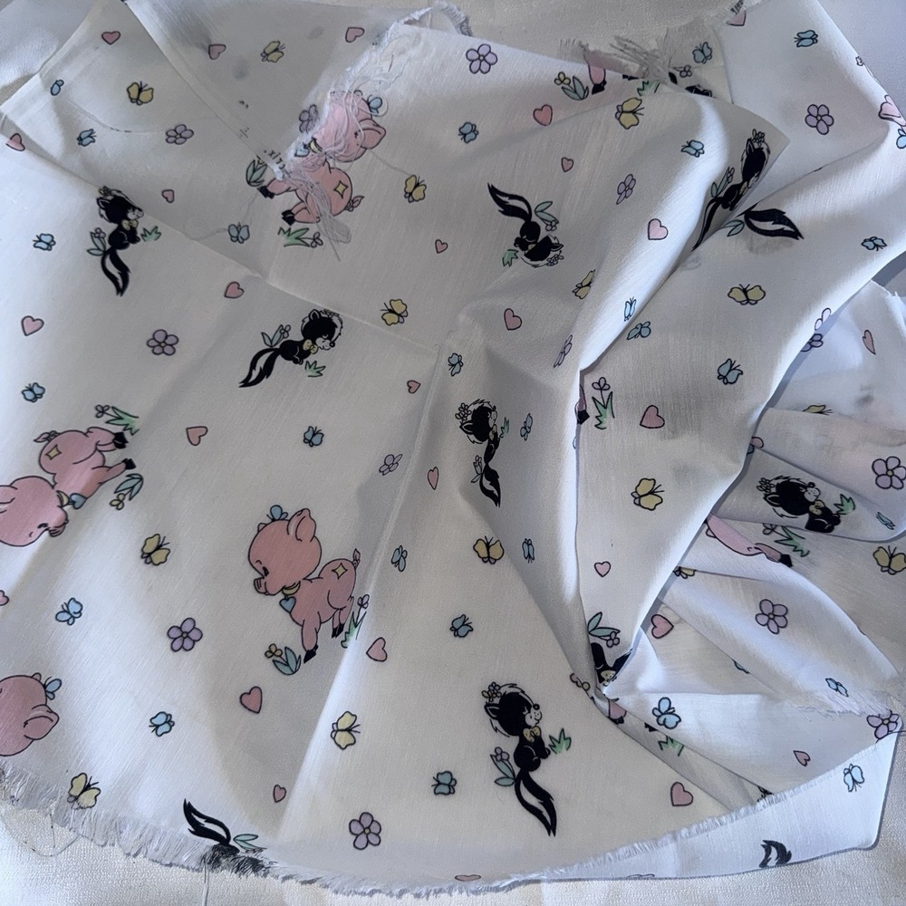 VTG Precious Moments Fabric Pig Skunk Scrap Remnant Animals White Baby Nursery